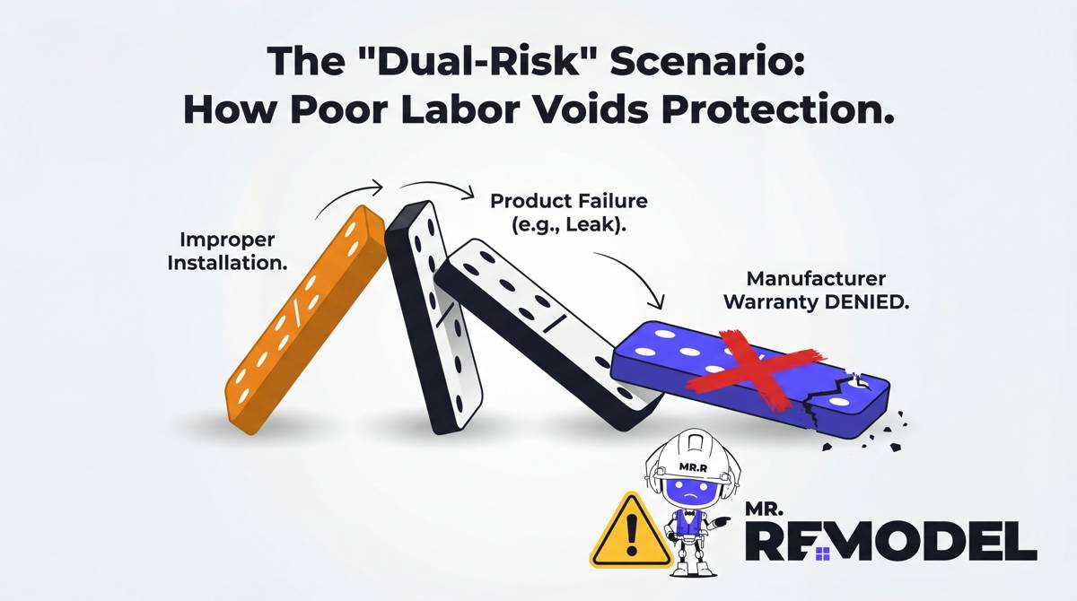 A domino-effect infographic illustrating how improper window installation can lead to product failure and ultimately cause the manufacturer to deny the warranty claim.